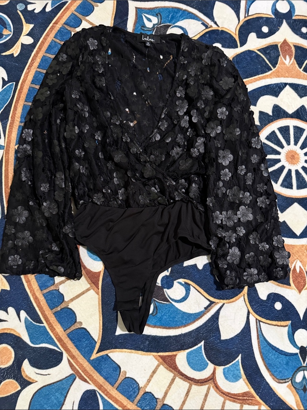 Lulu's Black Floral Lace Wrap Bodysuit